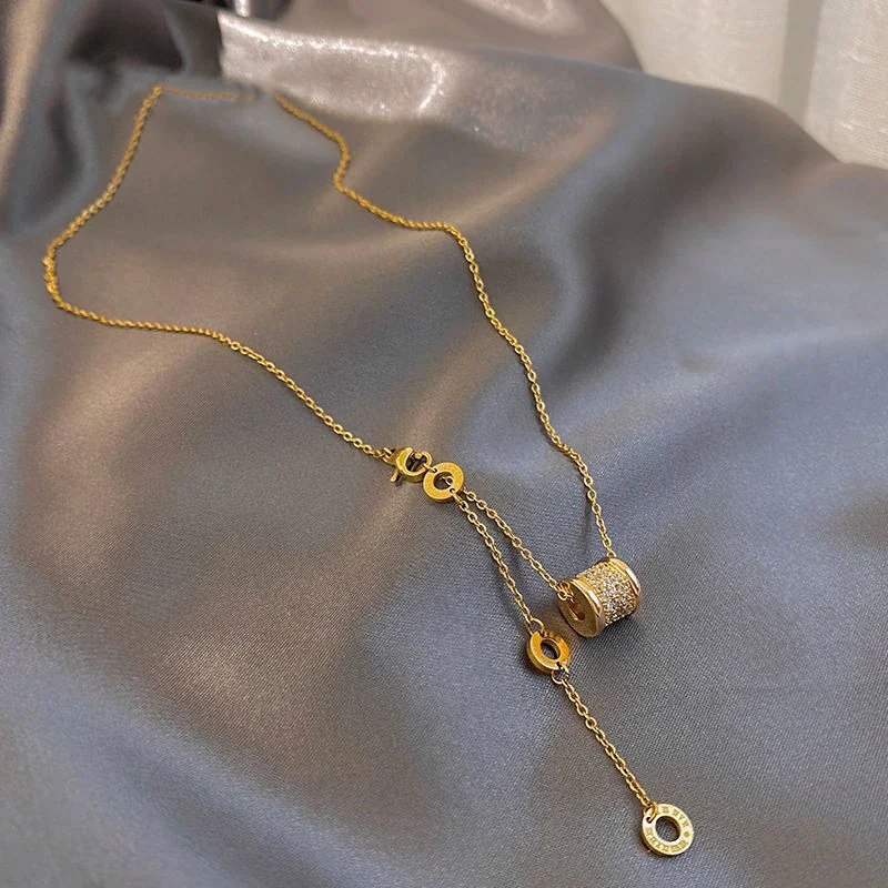 Y-Drop Necklace with Crystal Barrel Ring Charms, Stainless Steel