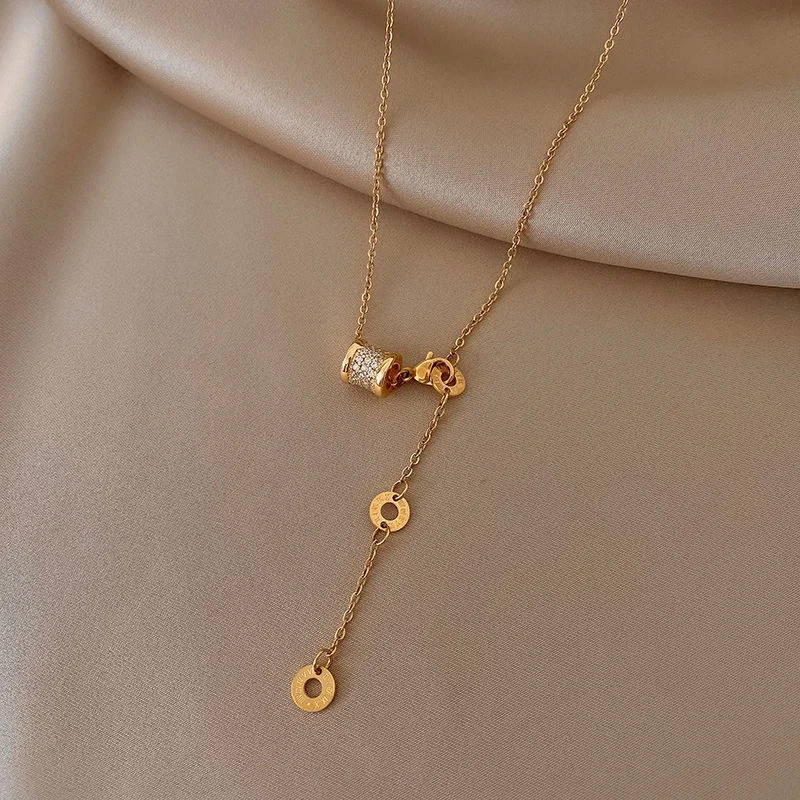 Y-Drop Necklace with Crystal Barrel Ring Charms, Stainless Steel