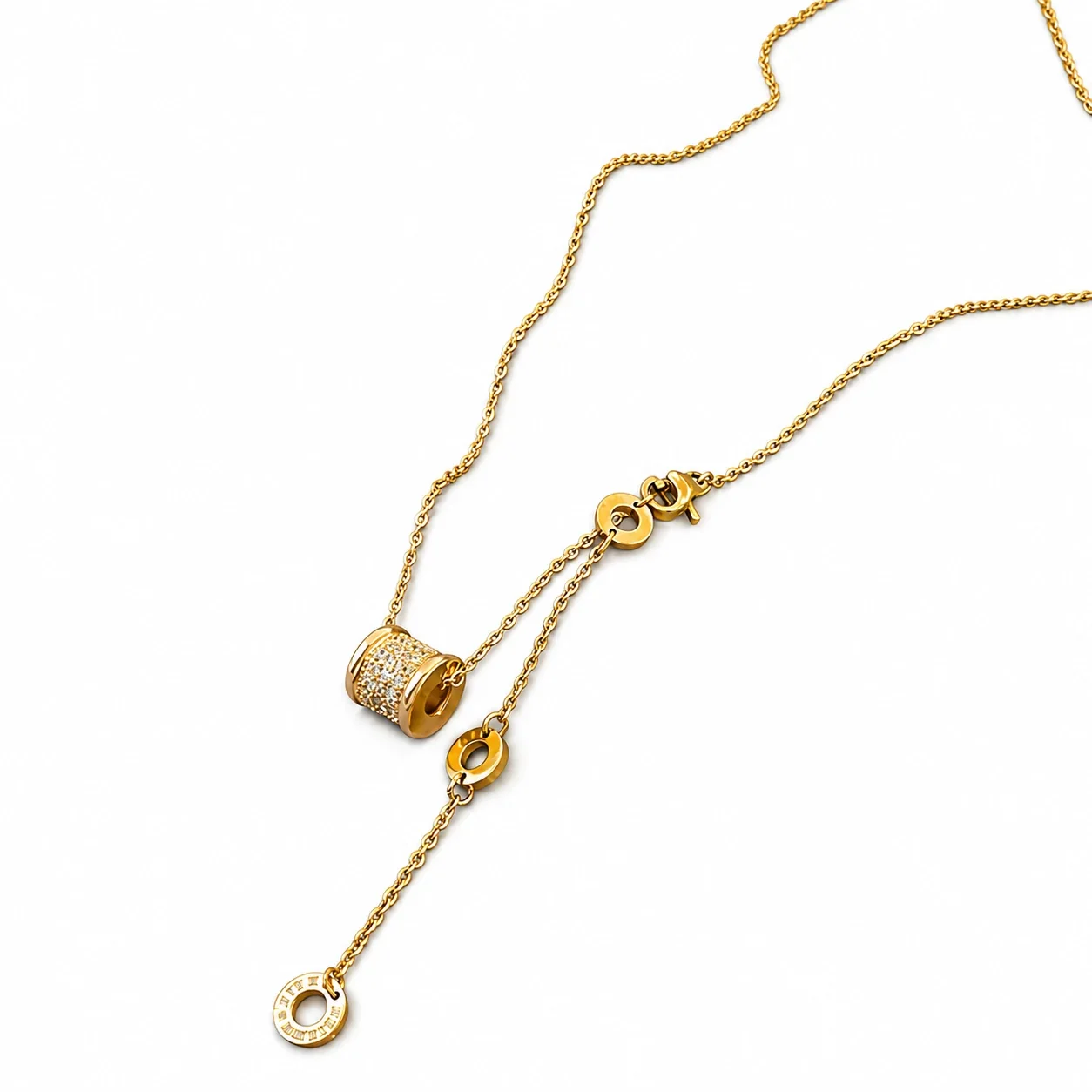 Y-Drop Necklace with Crystal Barrel Ring Charms, Stainless Steel - Gold