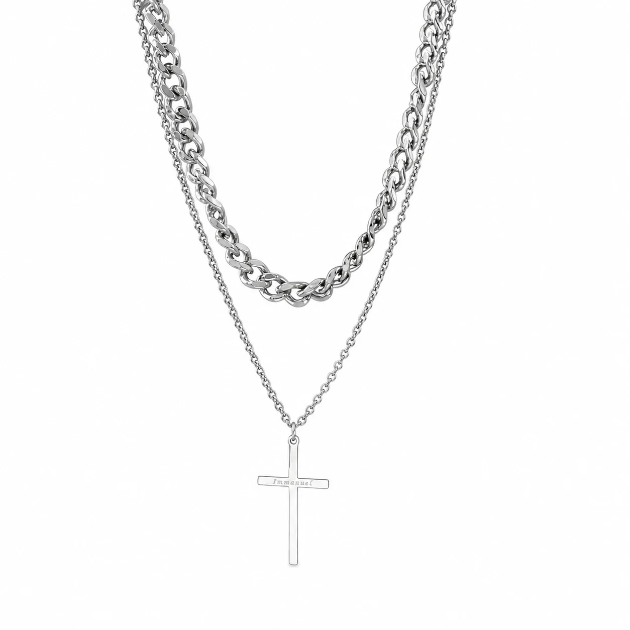 Layered Stainless Steel Cuban Chain Cross Pendant Necklace