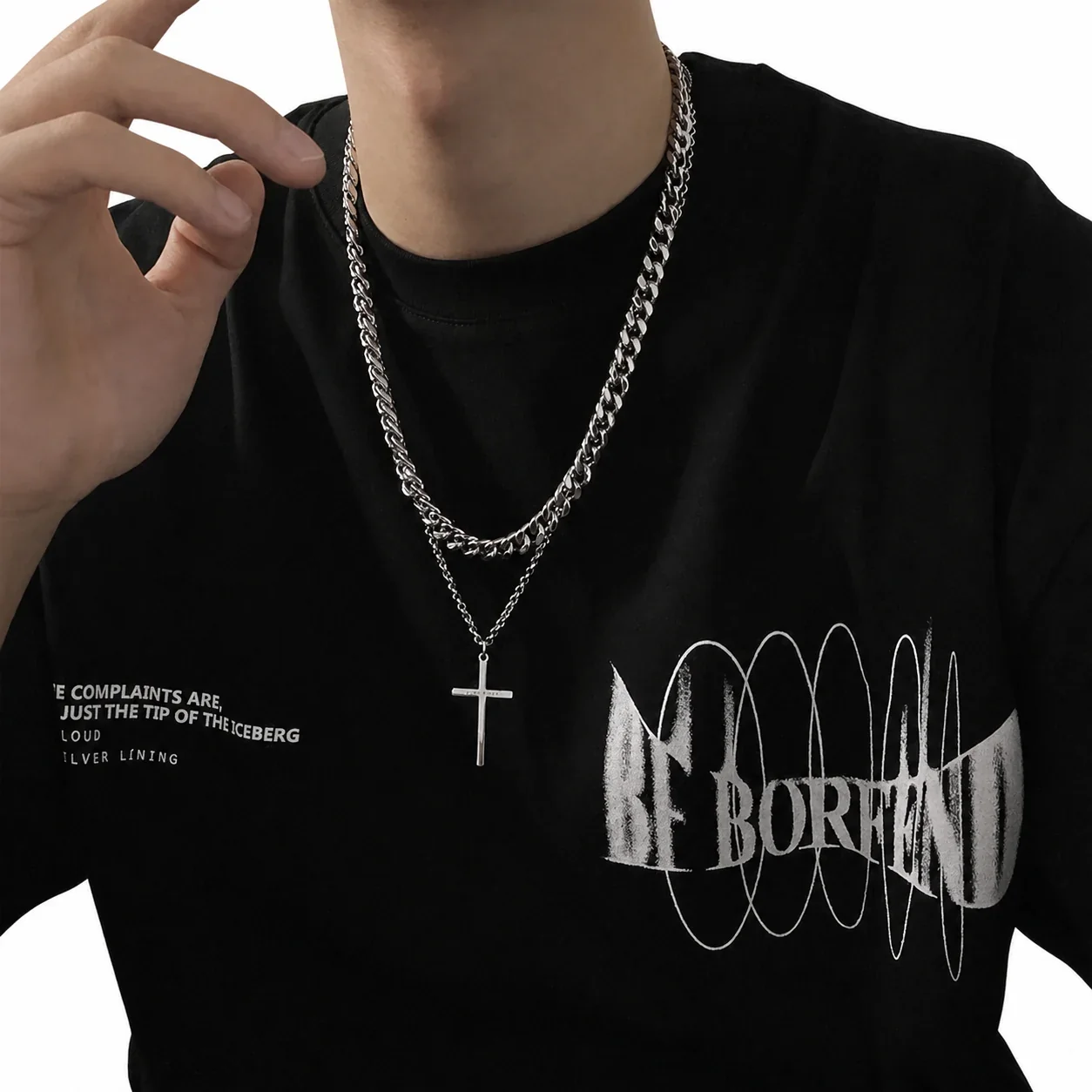 Layered Stainless Steel Cuban Chain Cross Pendant Necklace