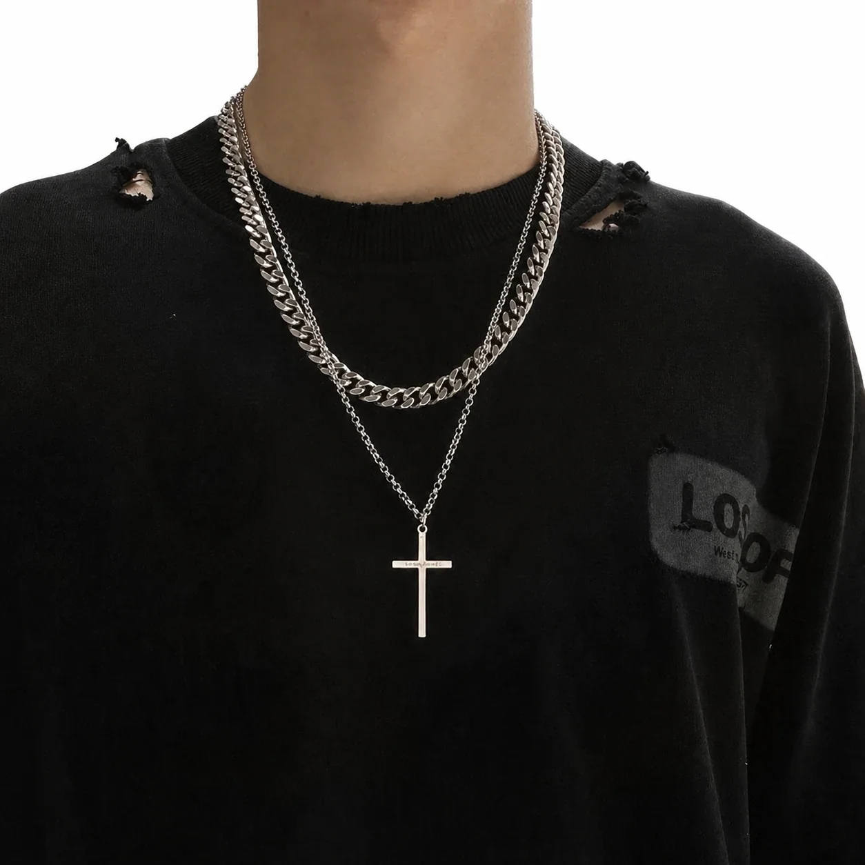 Layered Stainless Steel Cuban Chain Cross Pendant Necklace