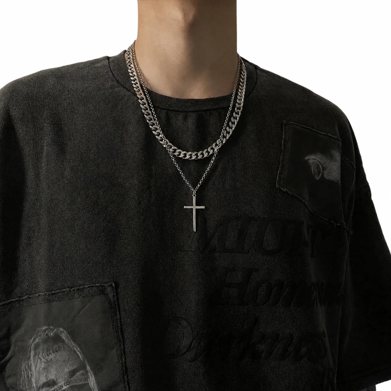 Layered Stainless Steel Cuban Chain Cross Pendant Necklace