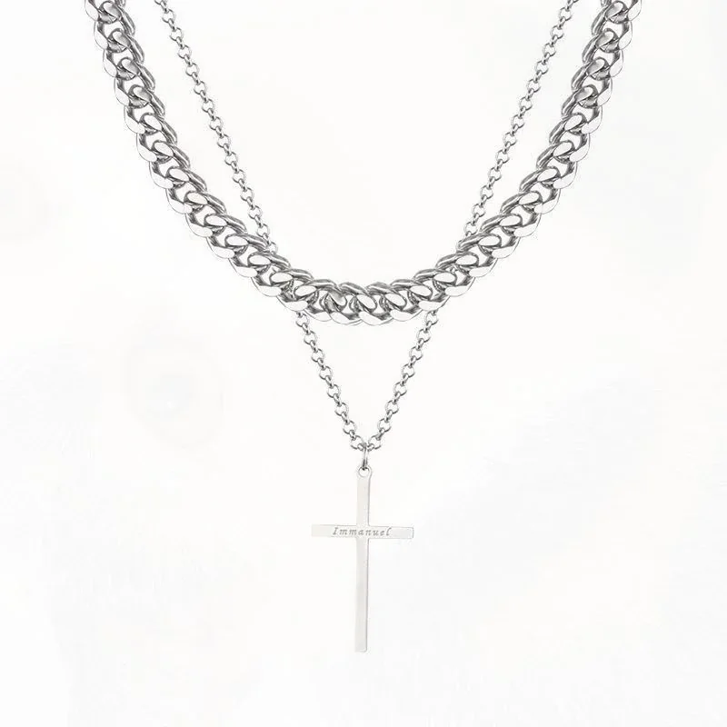 Layered Stainless Steel Cuban Chain Cross Pendant Necklace