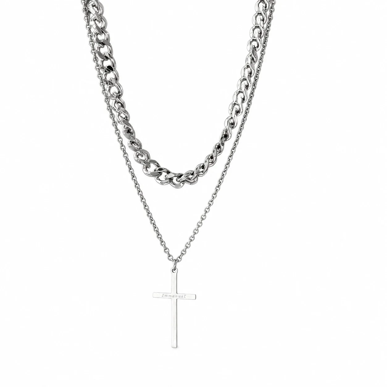 Layered Stainless Steel Cuban Chain Cross Pendant Necklace - Silver
