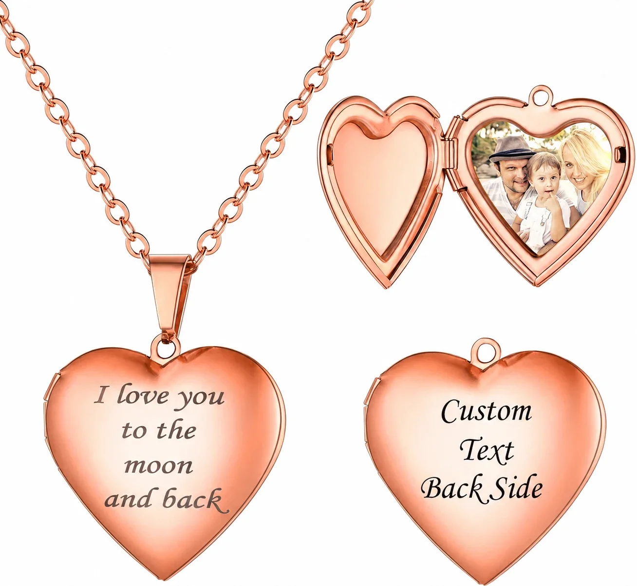Polished 316 Stainless Steel Heart Locket Necklace - Rose Gold Locket With Photo Large