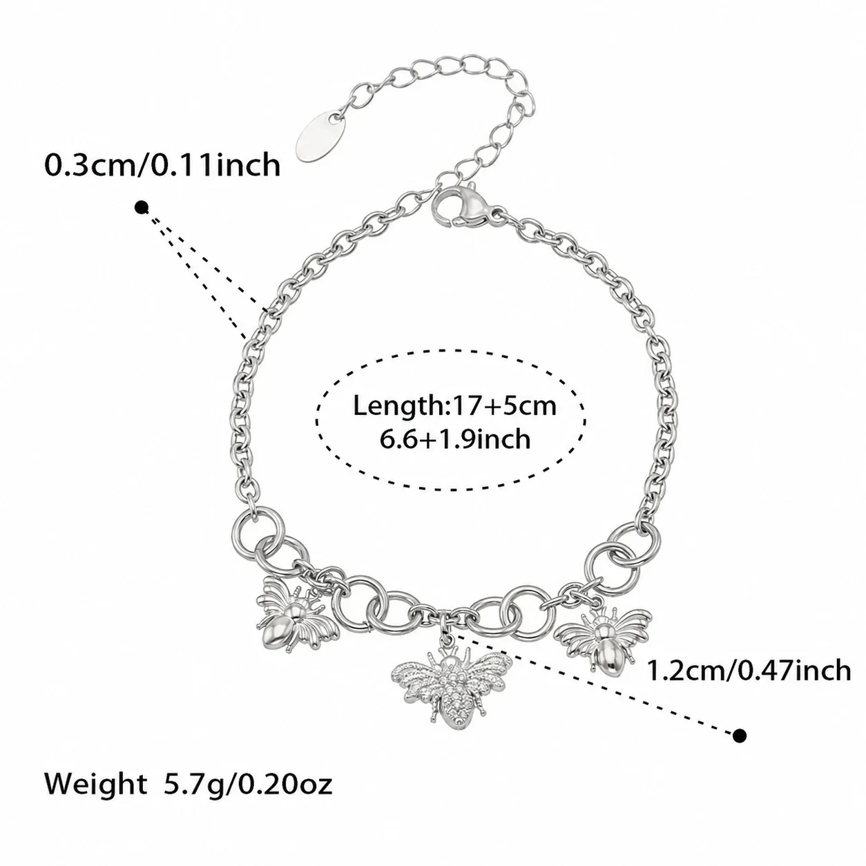 Bee Charm 18K Gold-Plated Oval-Link Jewelry Set - Silver 17+5 cm