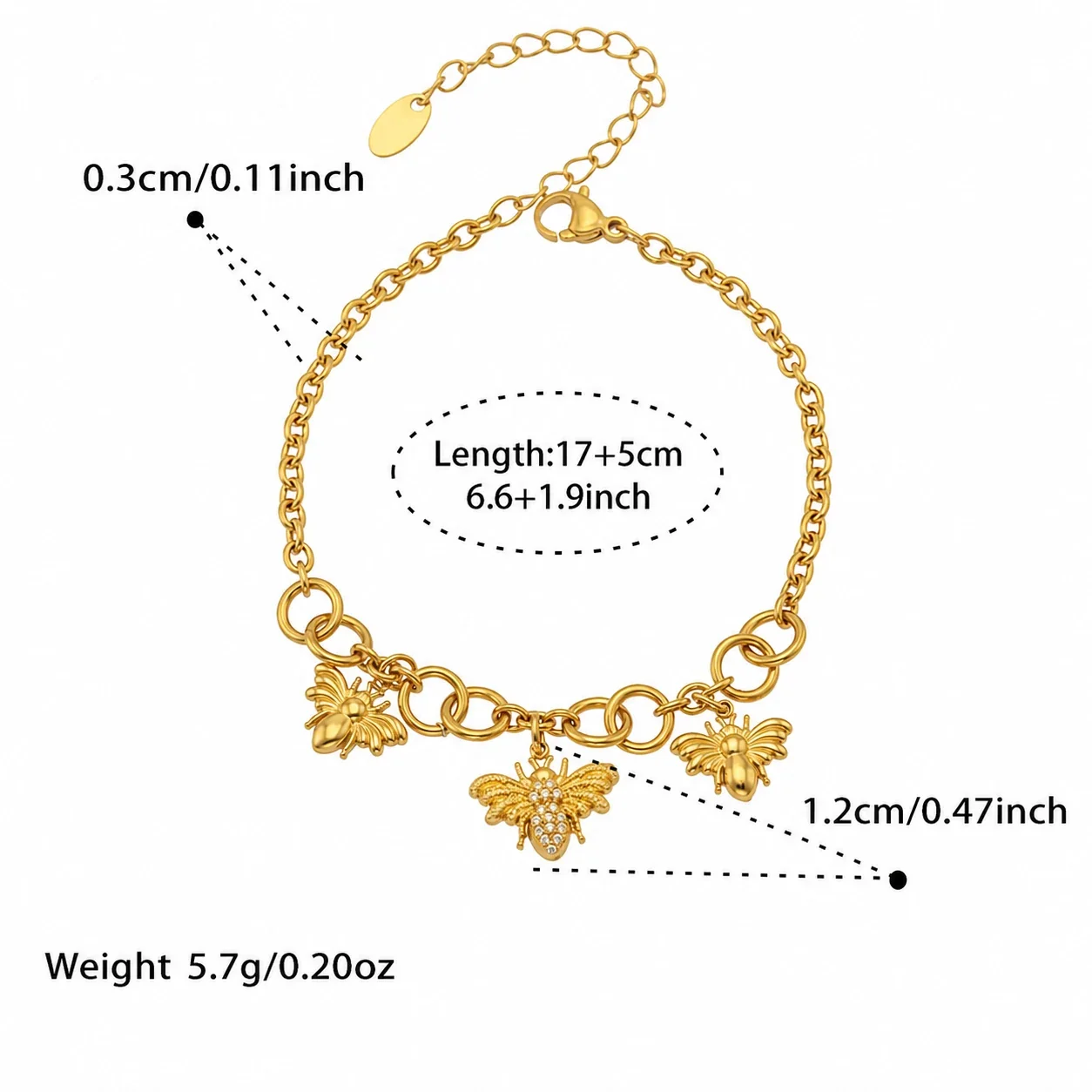 Bee Charm 18K Gold-Plated Oval-Link Jewelry Set - Gold 17+5 cm