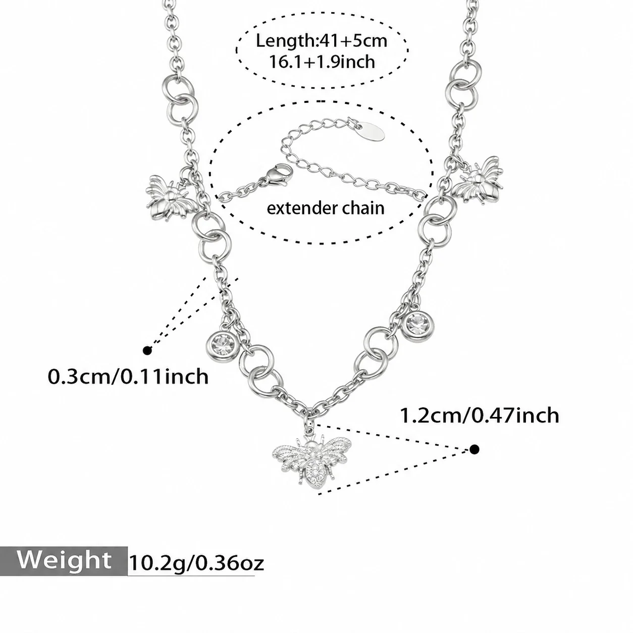 Bee Charm 18K Gold-Plated Oval-Link Jewelry Set - Silver 41+5 cm