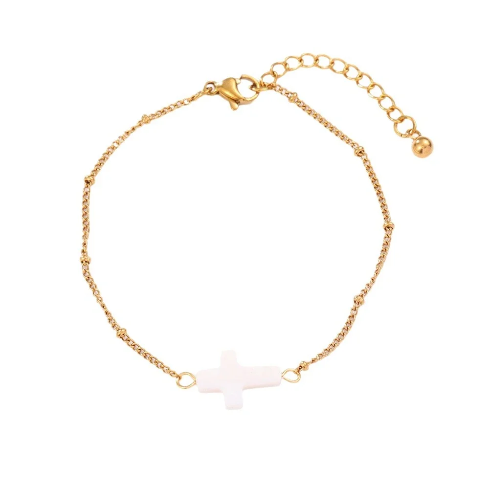 Pulseira com Cruz Branca Banhada a Ouro, Aço Inoxidável 316