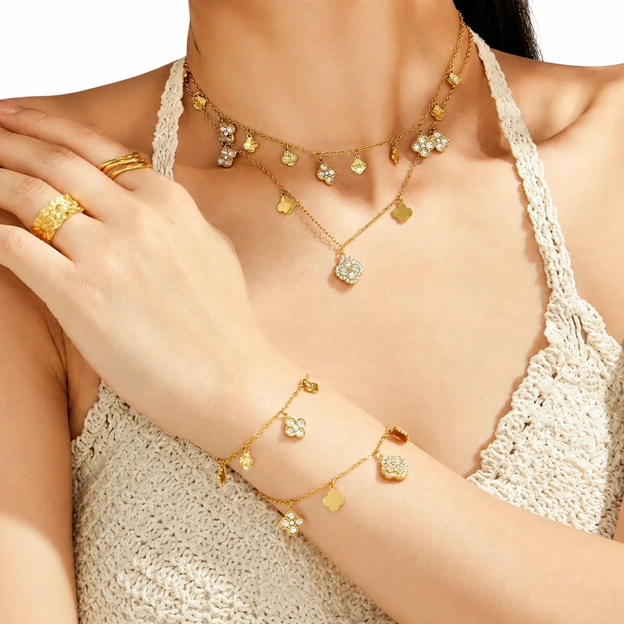 Gleaming 316L Stainless Steel Clover CZ Chain Jewelry Set