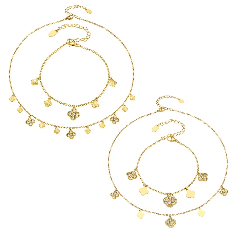 Gleaming 316L Stainless Steel Clover CZ Chain Jewelry Set