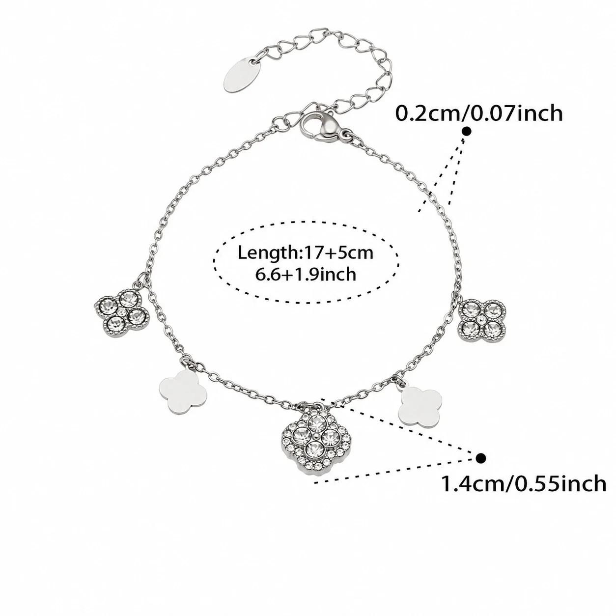 Gleaming 316L Stainless Steel Clover CZ Chain Jewelry Set - Silver 17+5 cm TXE381