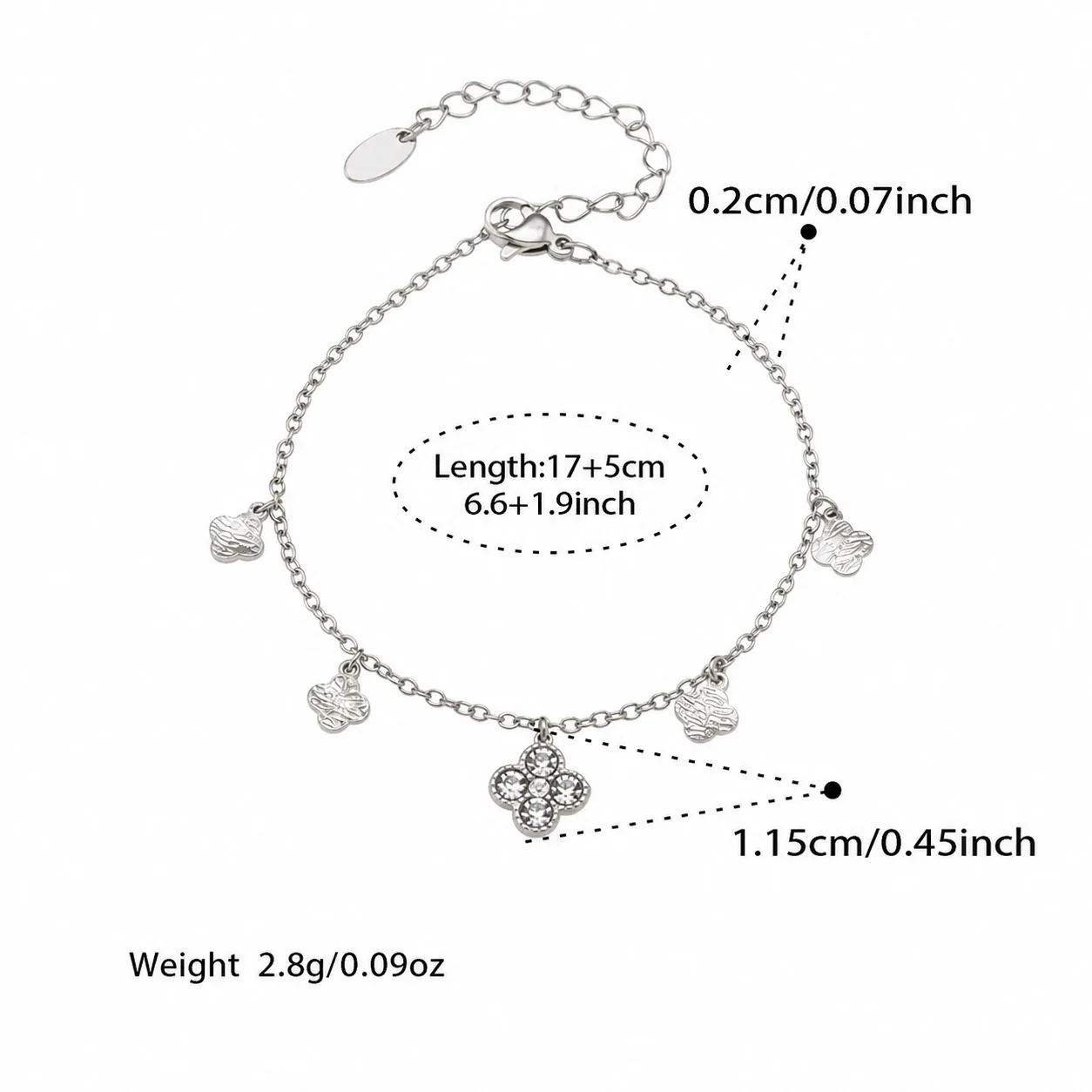 Gleaming 316L Stainless Steel Clover CZ Chain Jewelry Set - Silver 17+5 cm TXE401