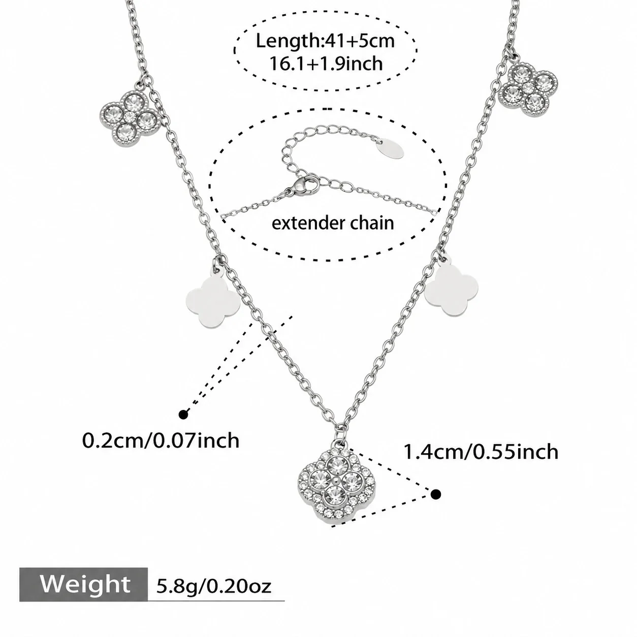 Gleaming 316L Stainless Steel Clover CZ Chain Jewelry Set - Silver 41+5 cm TXP381