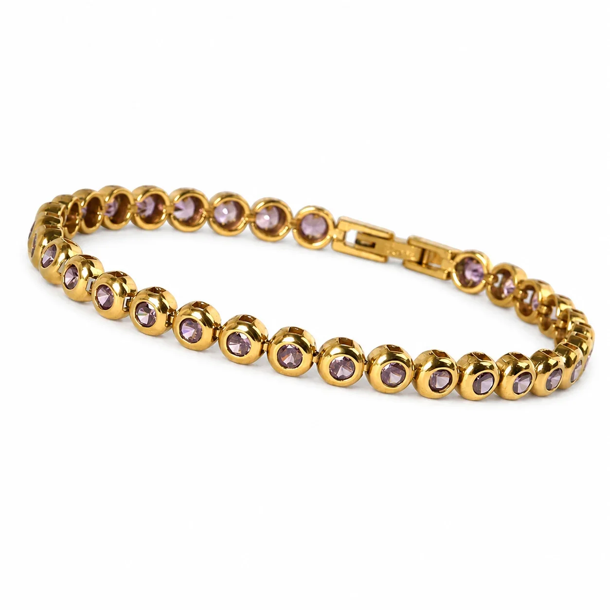 Polished 316 Stainless Steel Bezel CZ Tennis Bracelet - Gold Purple CZ cm
