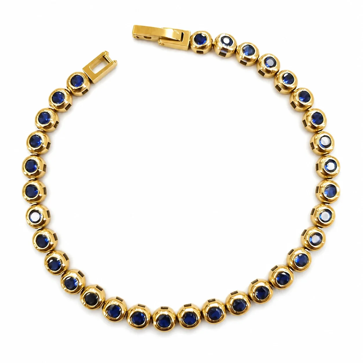 Polished 316 Stainless Steel Bezel CZ Tennis Bracelet - Gold Deep Blue CZ cm