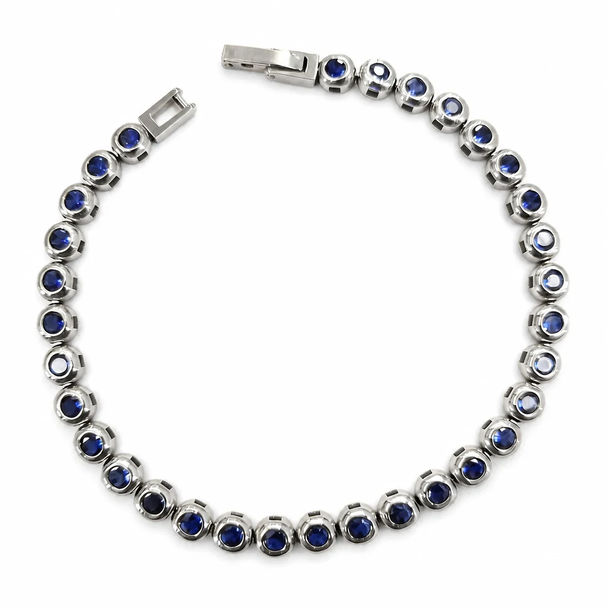 Polished 316 Stainless Steel Bezel CZ Tennis Bracelet - Silver Deep Blue CZ cm