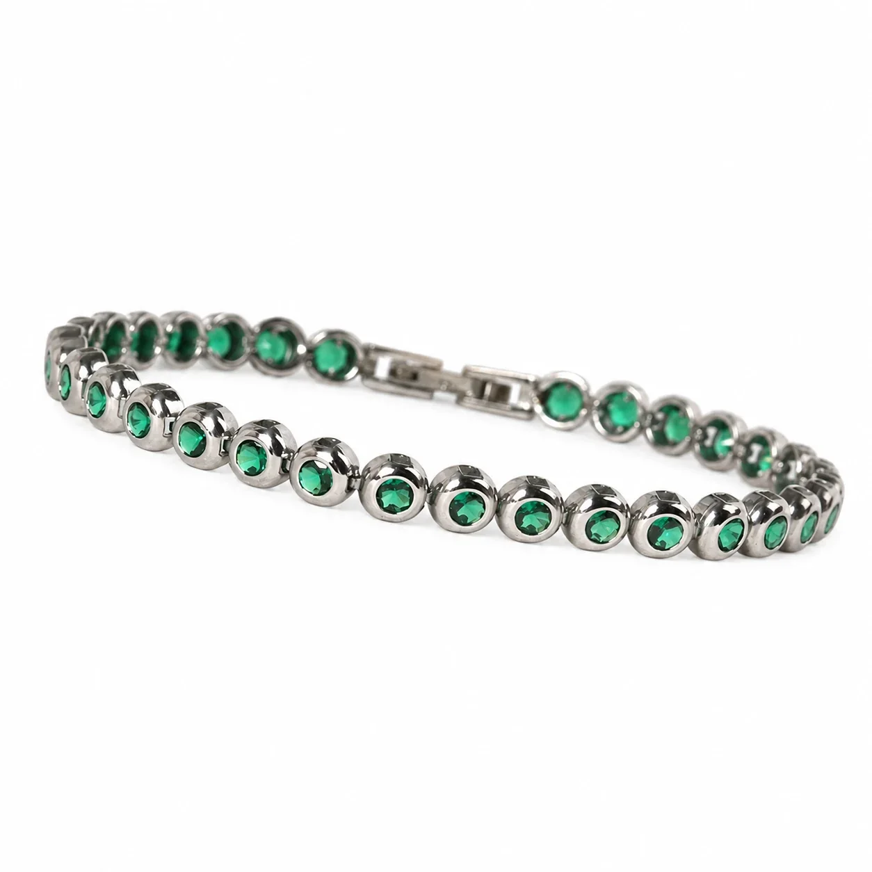 Polished 316 Stainless Steel Bezel CZ Tennis Bracelet - Silver Green CZ cm