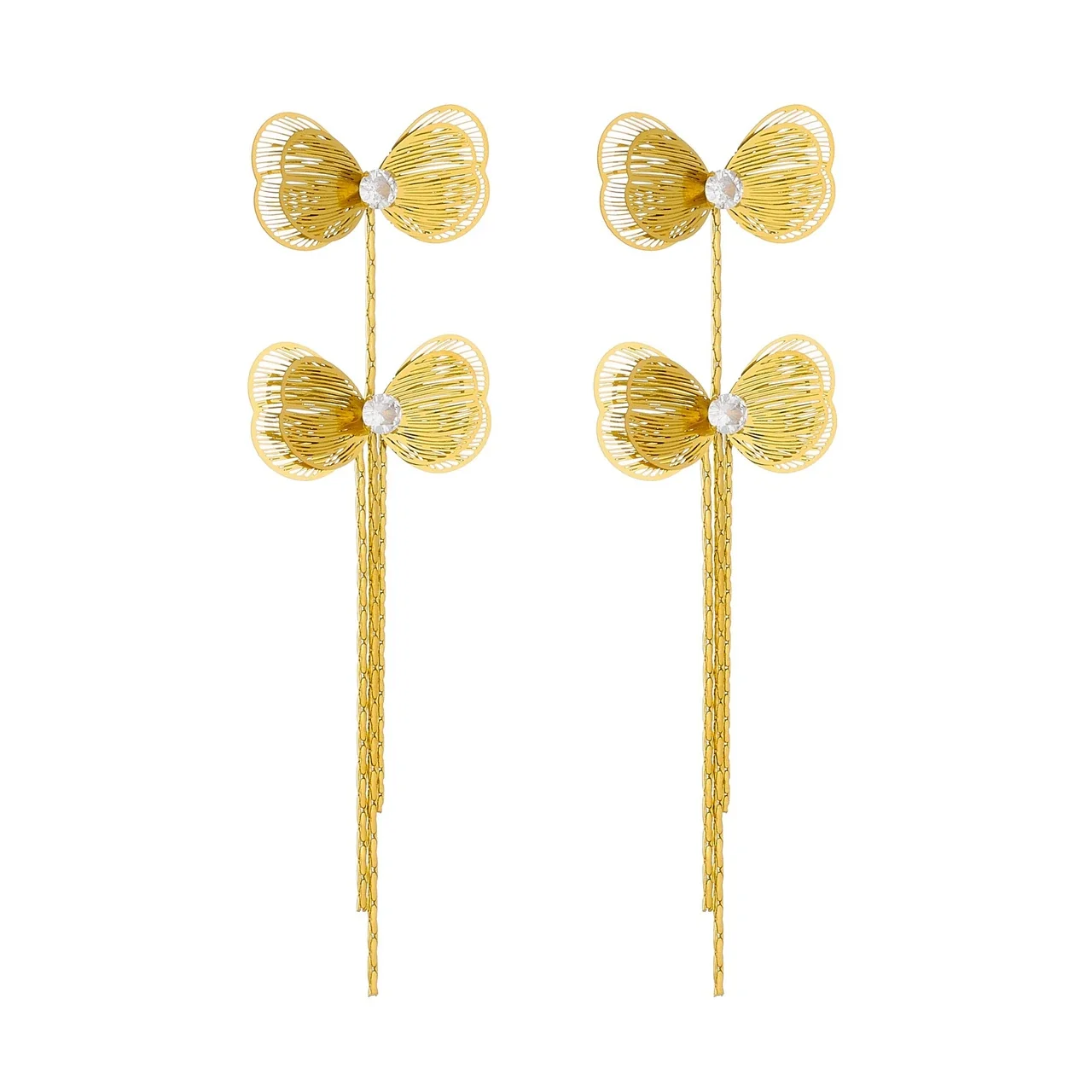 Butterfly Tassel Drop Earrings with Crystals, Gold-Plated Steel