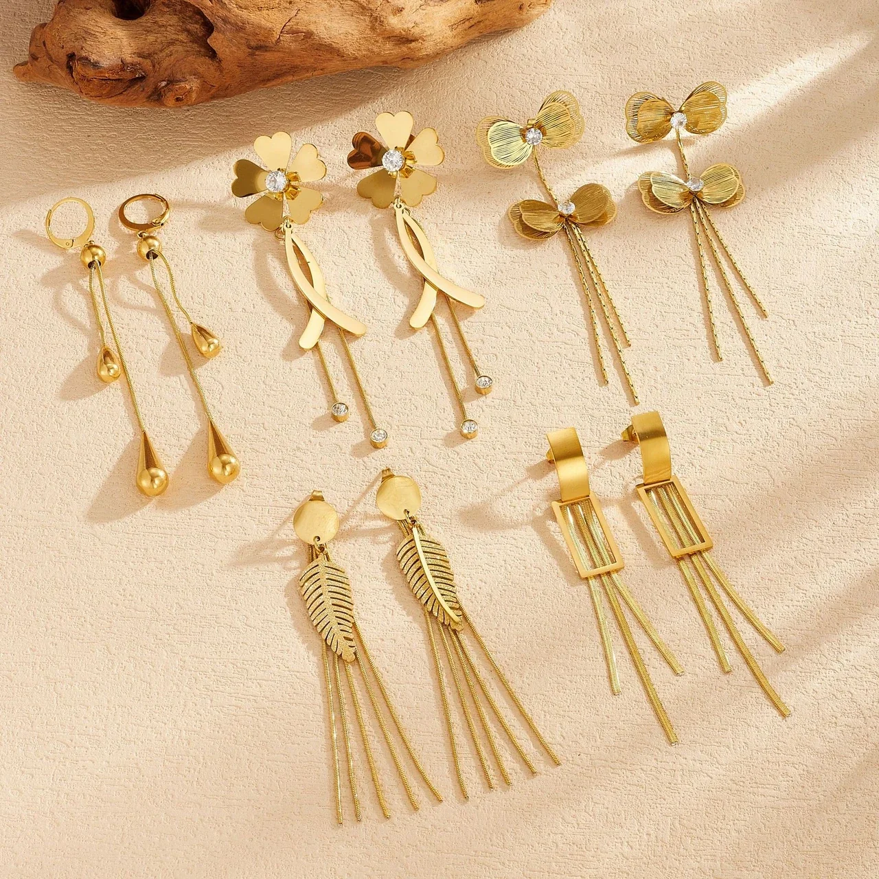 Butterfly Tassel Drop Earrings with Crystals, Gold-Plated Steel
