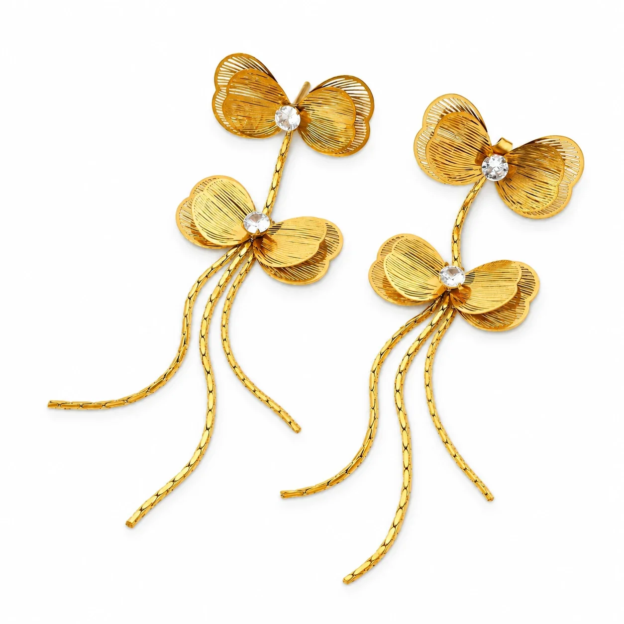 Butterfly Tassel Drop Earrings with Crystals, Gold-Plated Steel - Gold Flower Ribbon Tassel