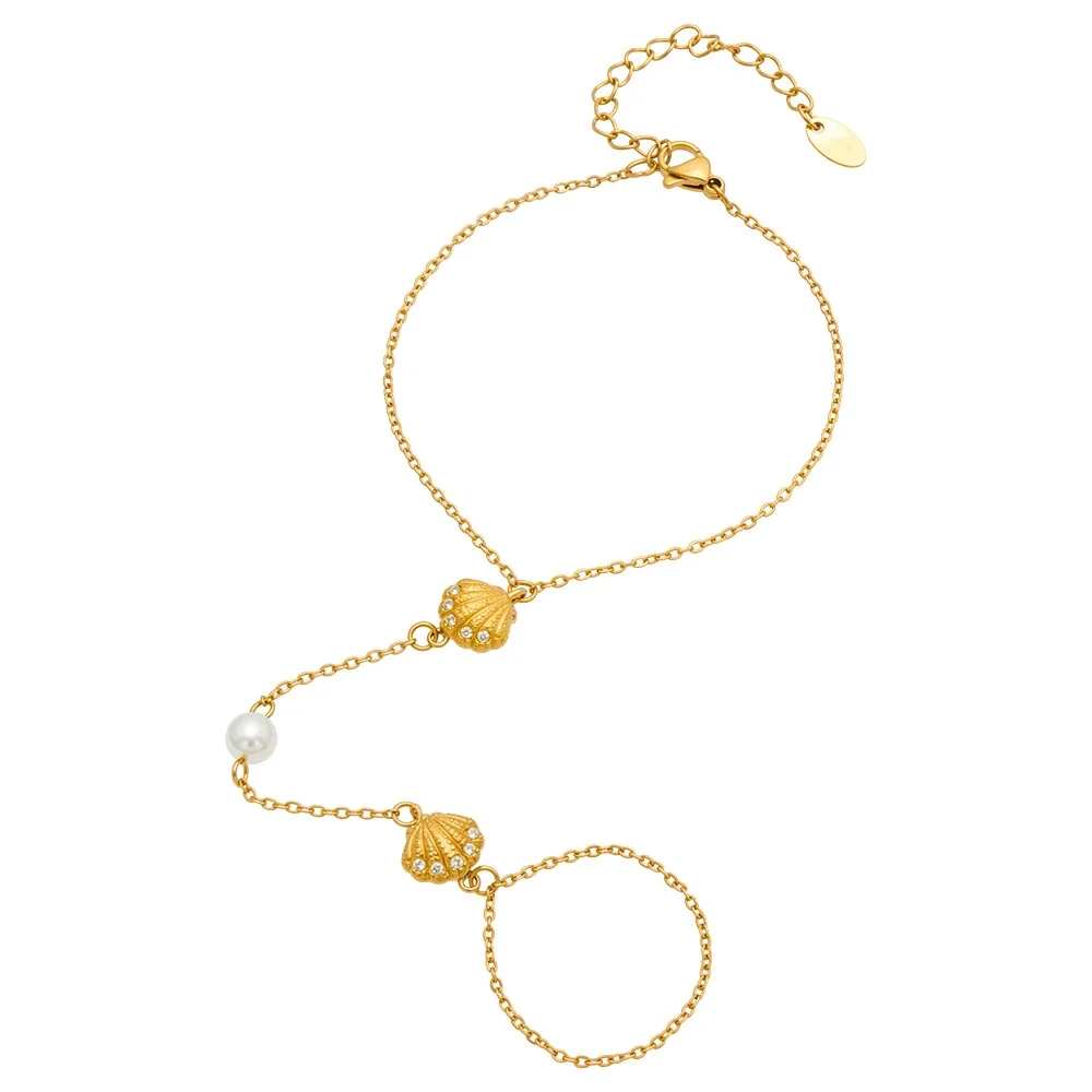 Scallop CZ 316L Stainless Steel Gold PVD Pearl-Effect Hand Bracelet
