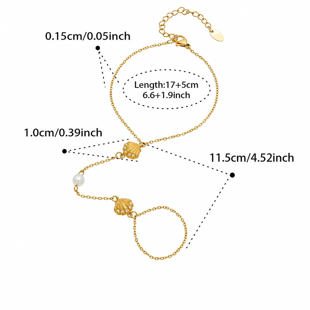Scallop CZ 316L Gold-Plated Pearl-Effect Hand Bracelet - Gold