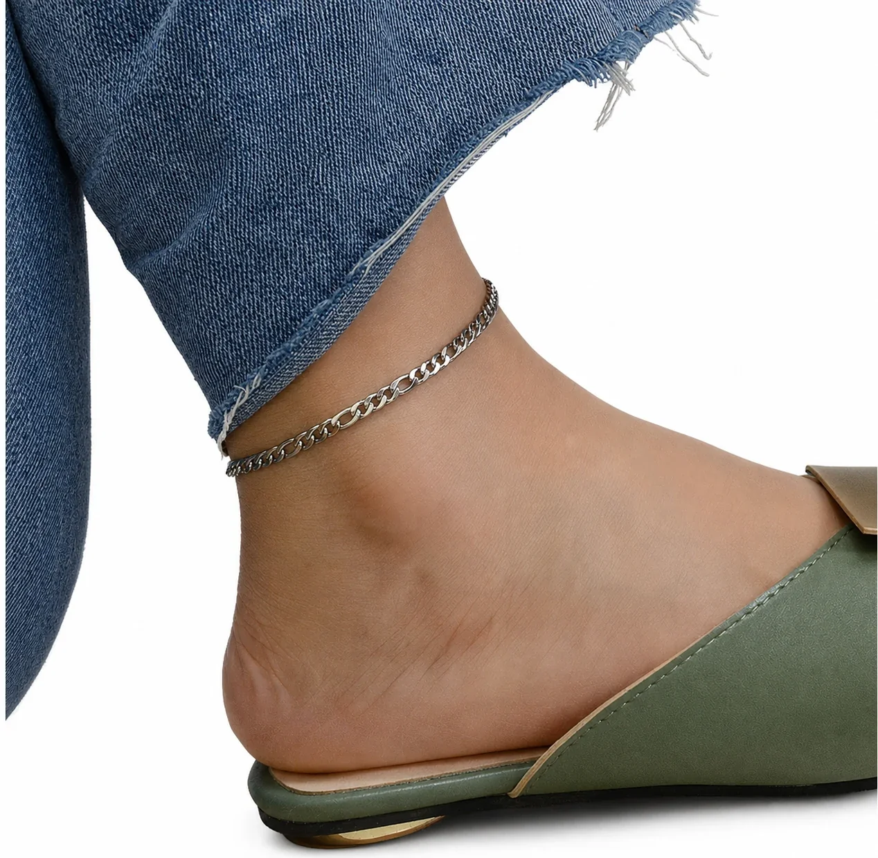 Polished 316 Stainless Steel Figaro Chain Anklet - Silver