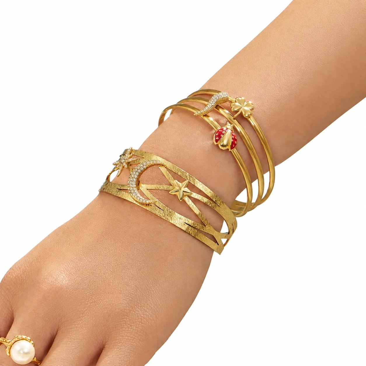Whimsical 316 Stainless Steel Moon Ladybug Open Cuff Bracelet