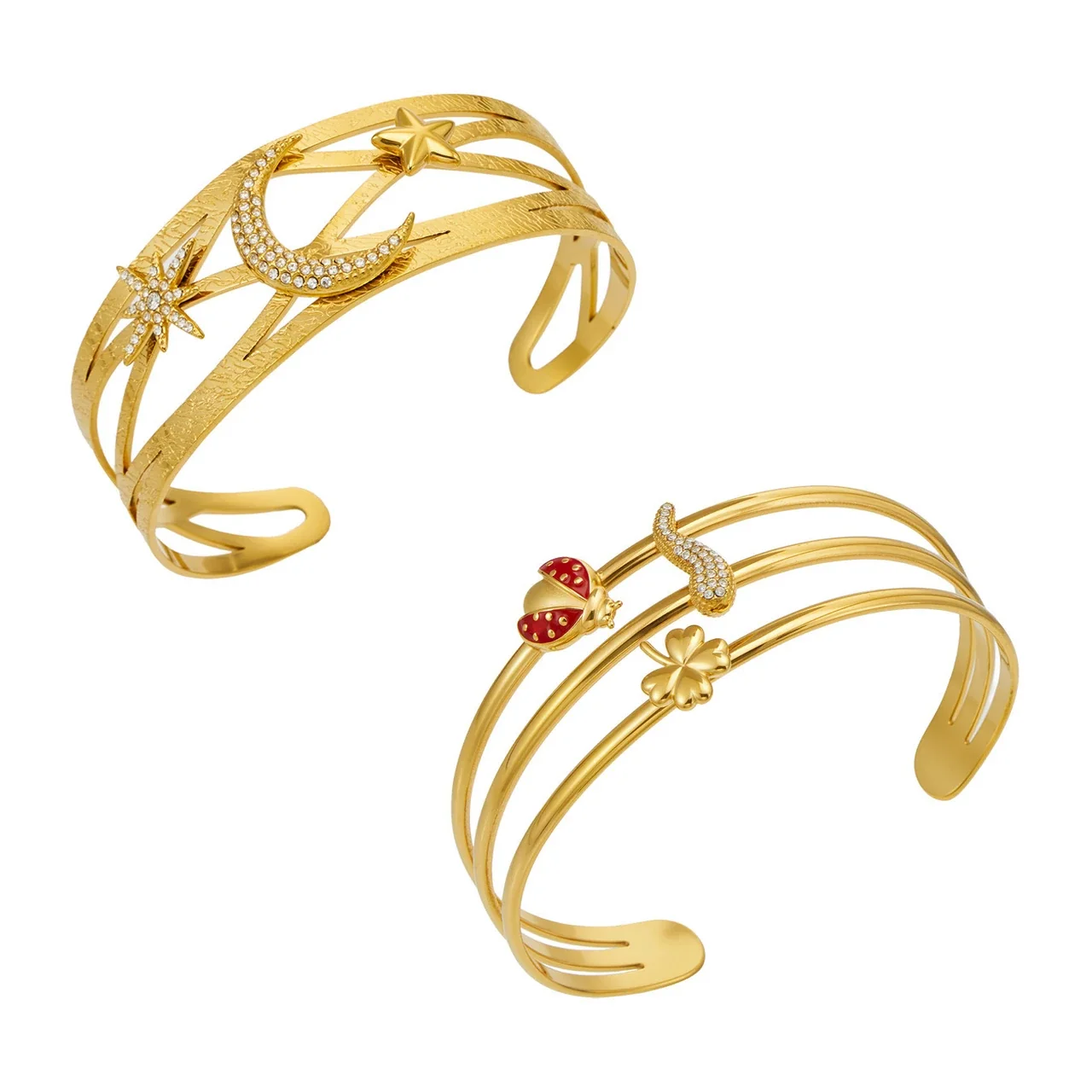 Whimsical 316 Stainless Steel Moon Ladybug Open Cuff Bracelet