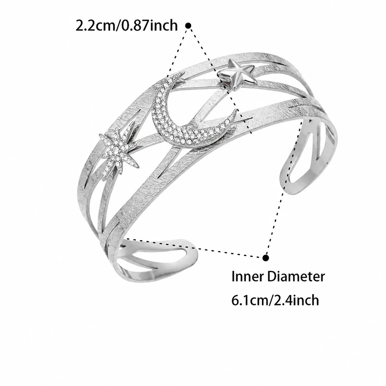 Whimsical 316 Stainless Steel Moon Ladybug Open Cuff Bracelet - Silver Star Moon CZ