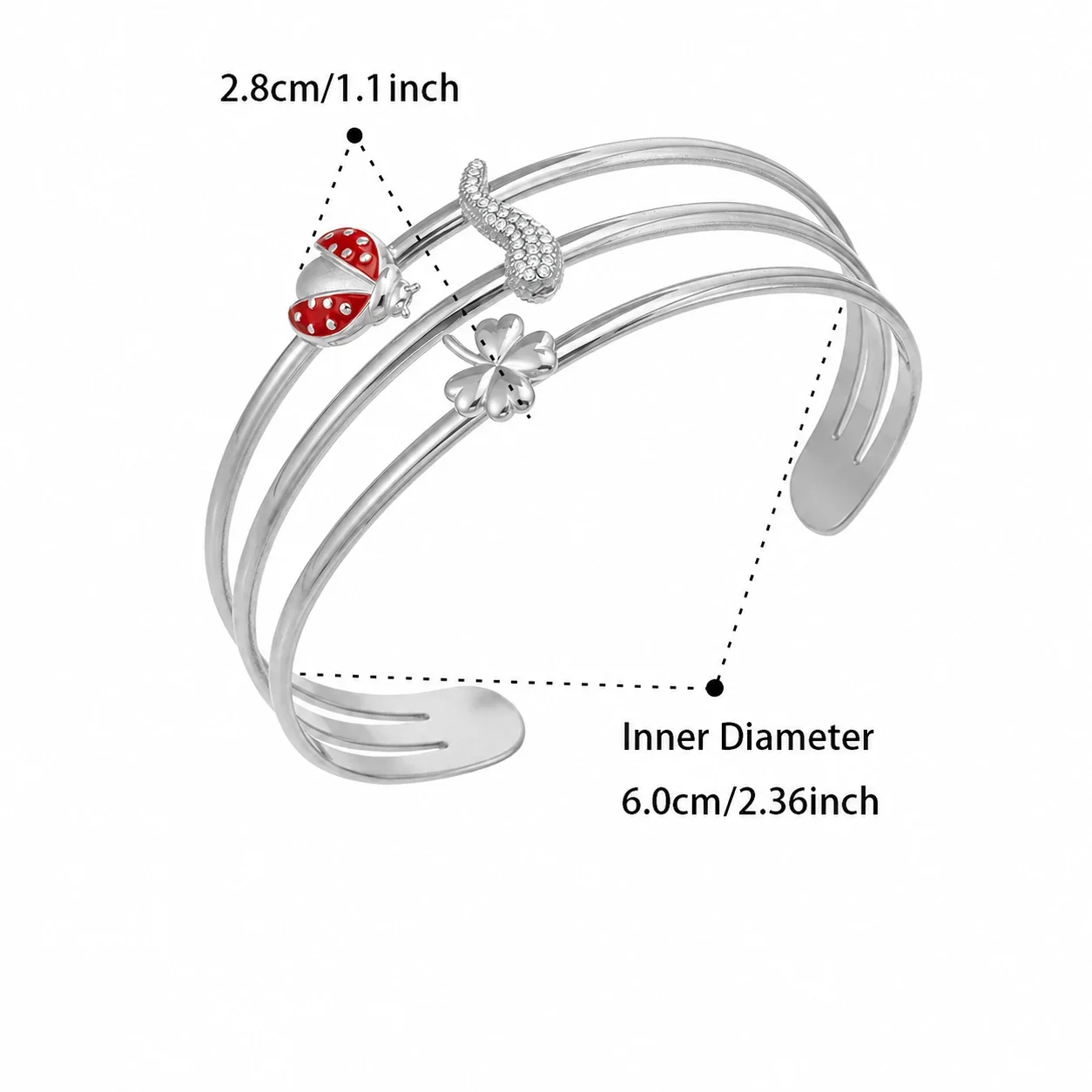 Whimsical 316 Stainless Steel Moon Ladybug Open Cuff Bracelet - Silver Chili CZ