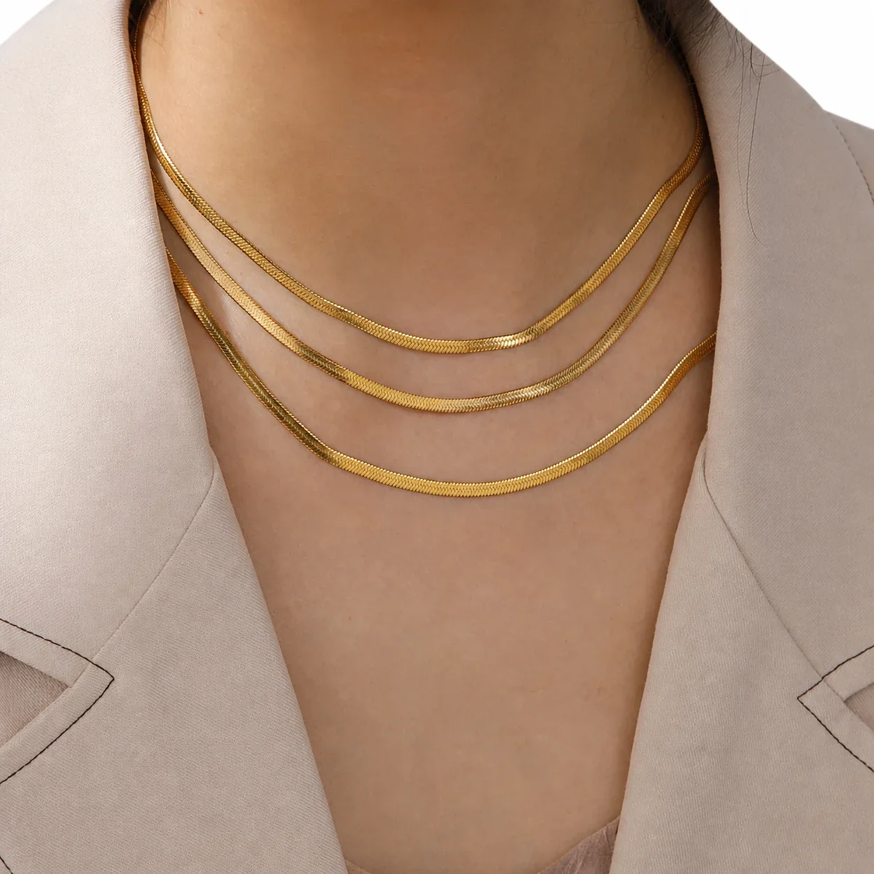 Sleek Stainless Steel Flat Snake Herringbone Chain Necklace