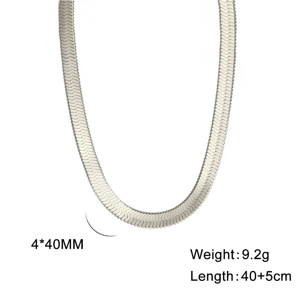 Sleek Stainless Steel Flat Snake Herringbone Chain Necklace - Silver 4 mm 40 cm