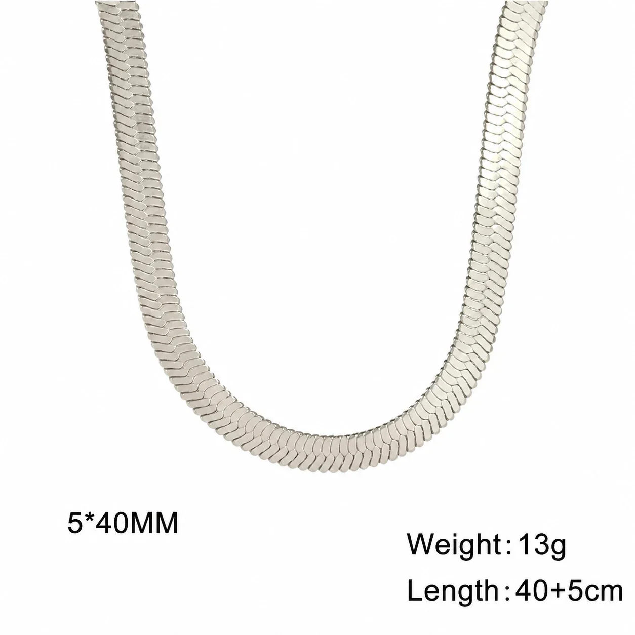 Sleek Stainless Steel Flat Snake Herringbone Chain Necklace - Silver 5 mm 40 cm