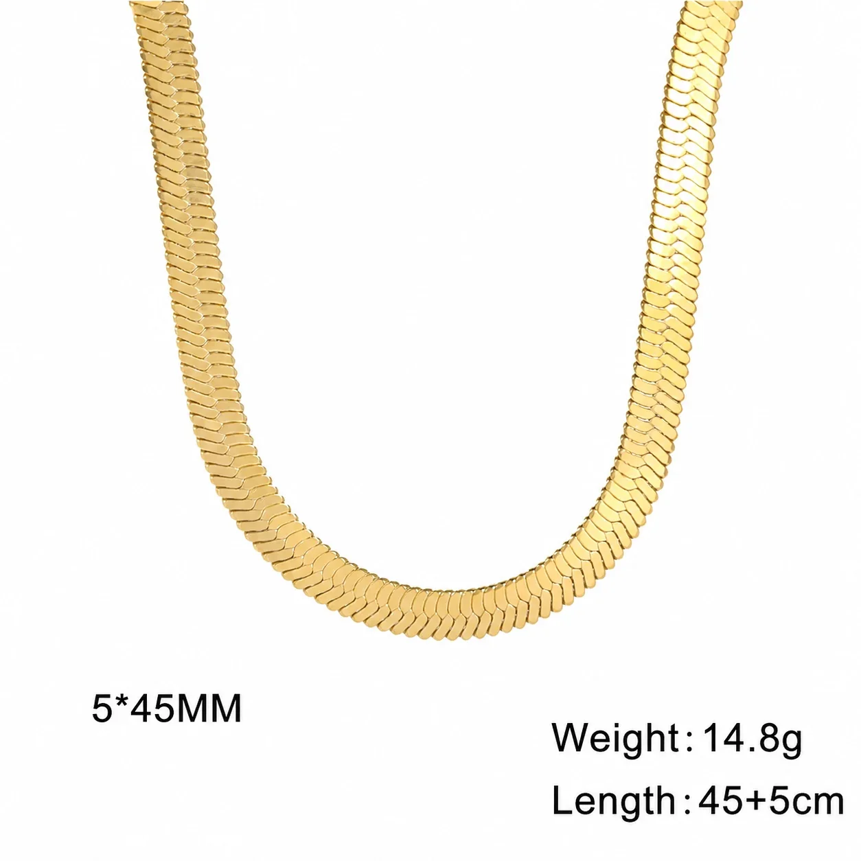Sleek Stainless Steel Flat Snake Herringbone Chain Necklace - Gold 5 mm 45 cm