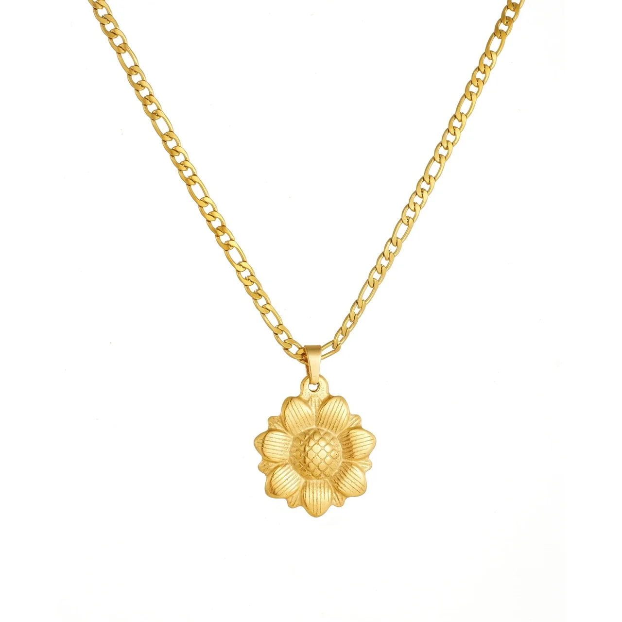 Sunflower Pendant Necklace with Figaro Chain in Gold PVD