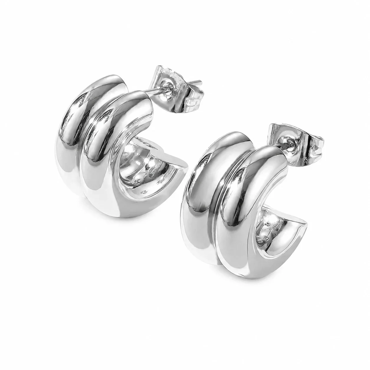Sculptural 316 Stainless Steel Double C Hoop Earrings - Silver