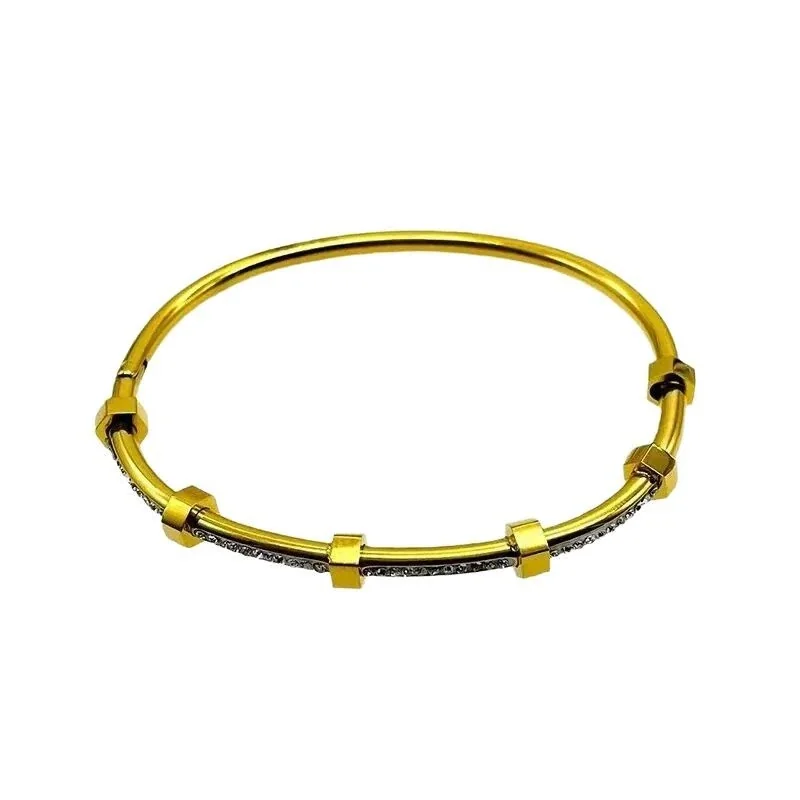 Bangle Bracelet with Hex Nut Stations & Crystal Bar, Stainless Steel