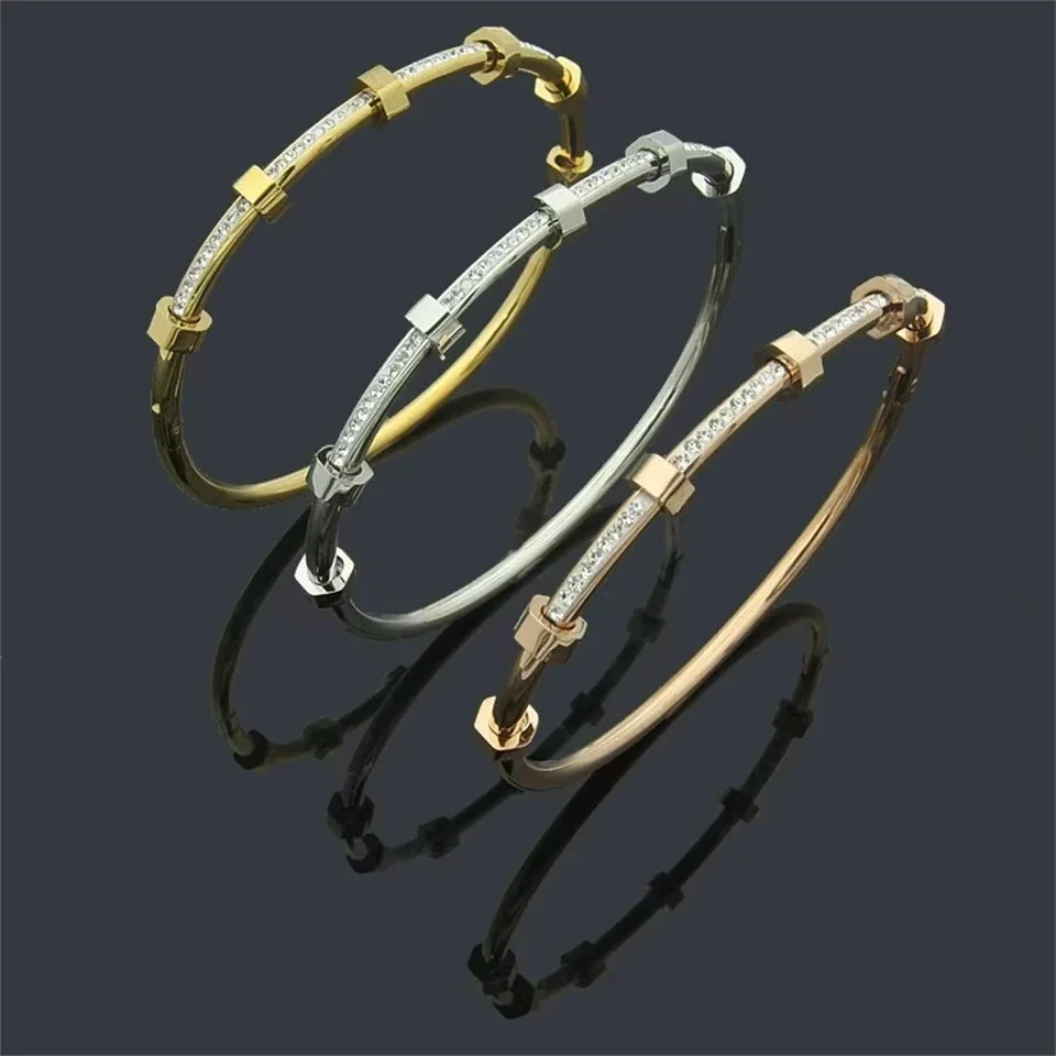 Bangle Bracelet with Hex Nut Stations & Crystal Bar, Stainless Steel