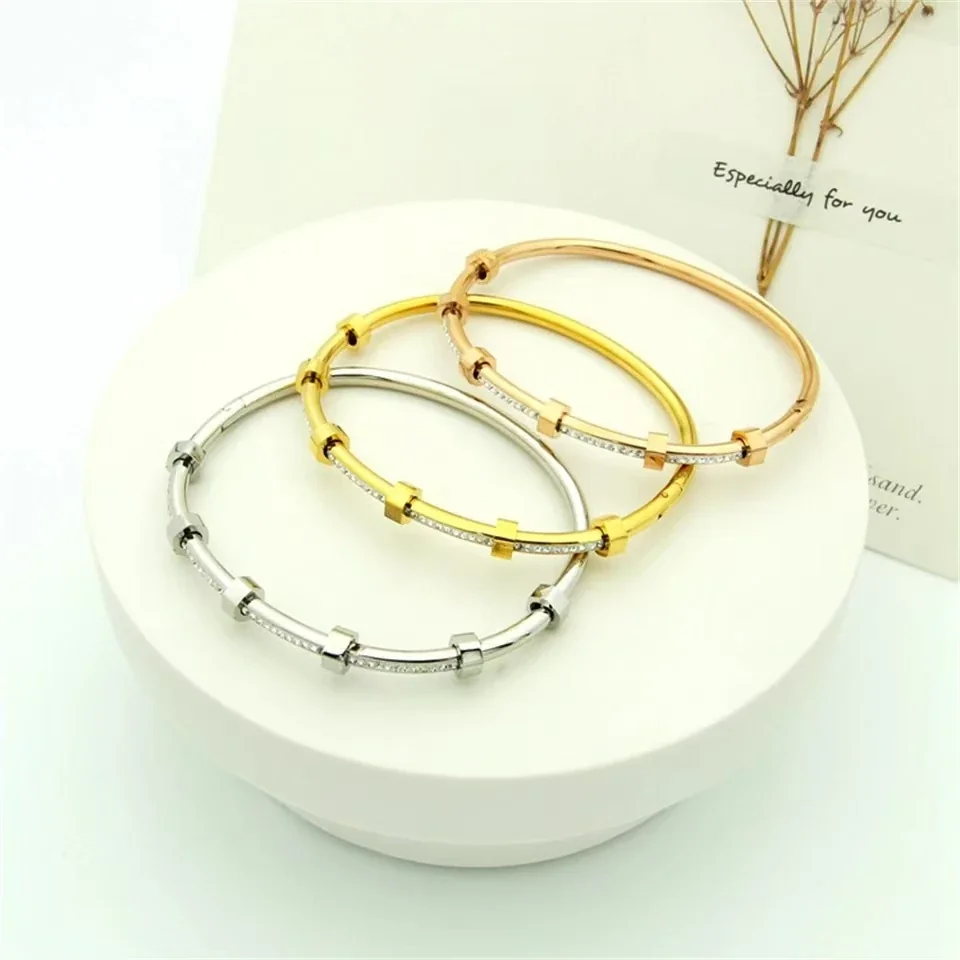 Bangle Bracelet with Hex Nut Stations & Crystal Bar, Stainless Steel