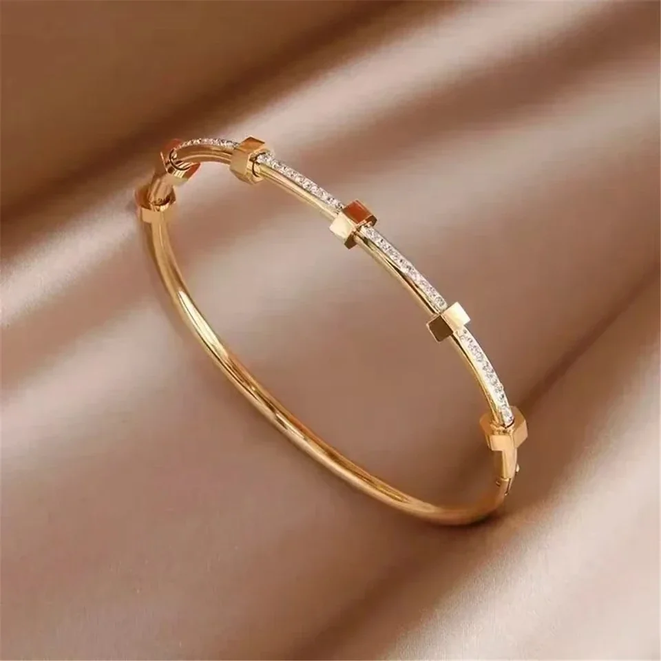 Bangle Bracelet with Hex Nut Stations & Crystal Bar, Stainless Steel