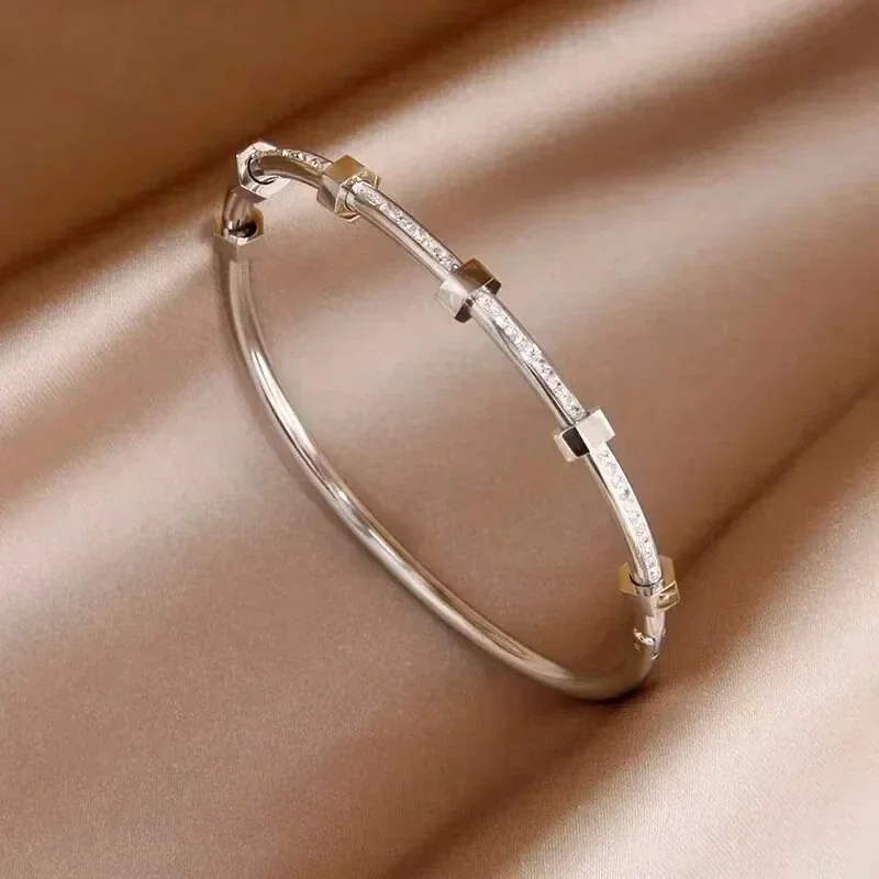Bangle Bracelet with Hex Nut Stations & Crystal Bar, Stainless Steel