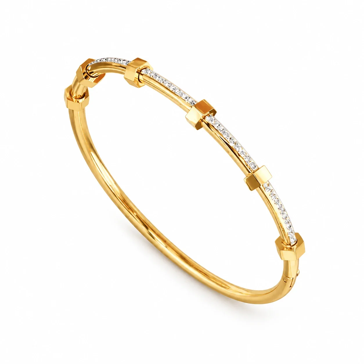 Bangle Bracelet with Hex Nut Stations & Crystal Bar, Stainless Steel - Gold