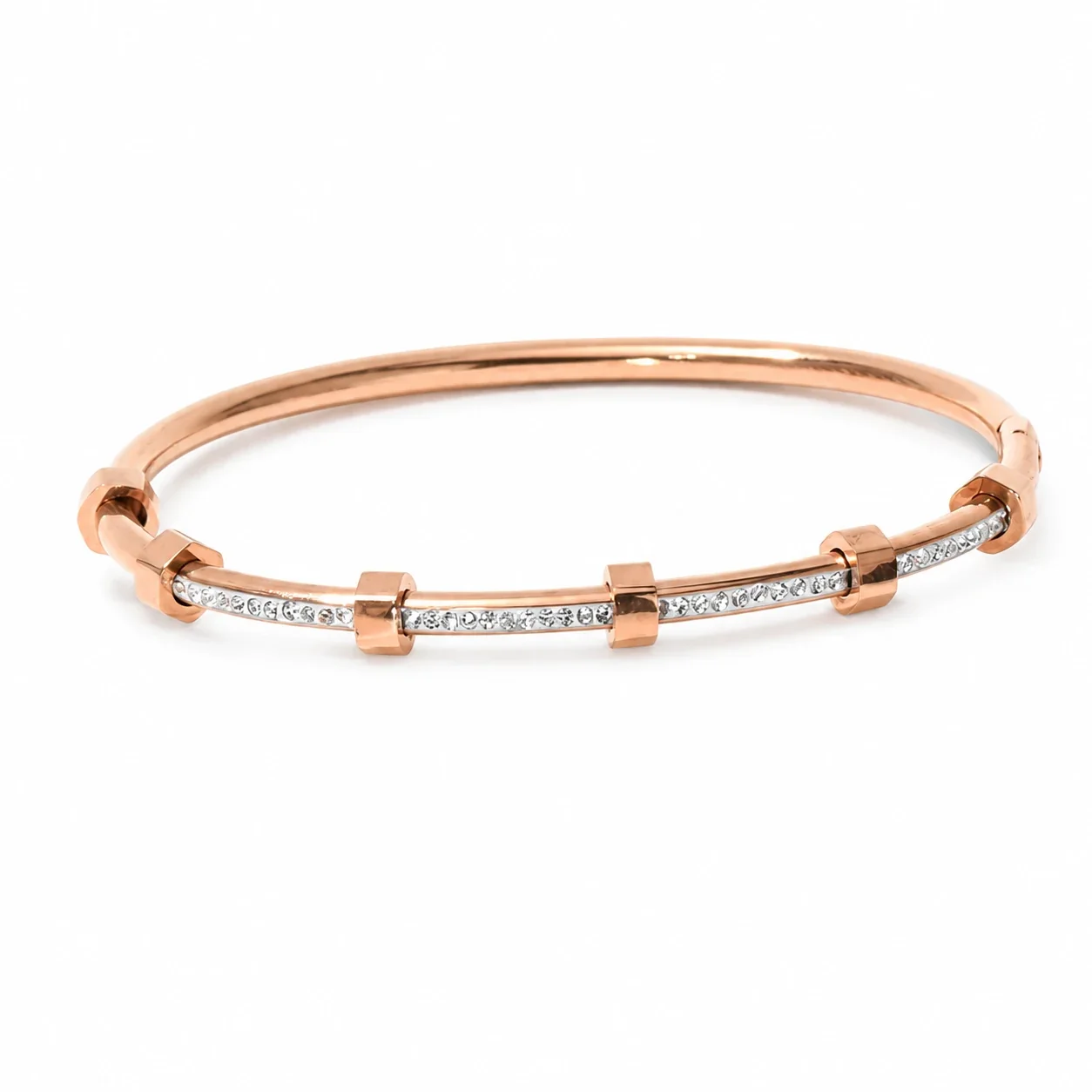 Bangle Bracelet with Hex Nut Stations & Crystal Bar, Stainless Steel - Rose Gold