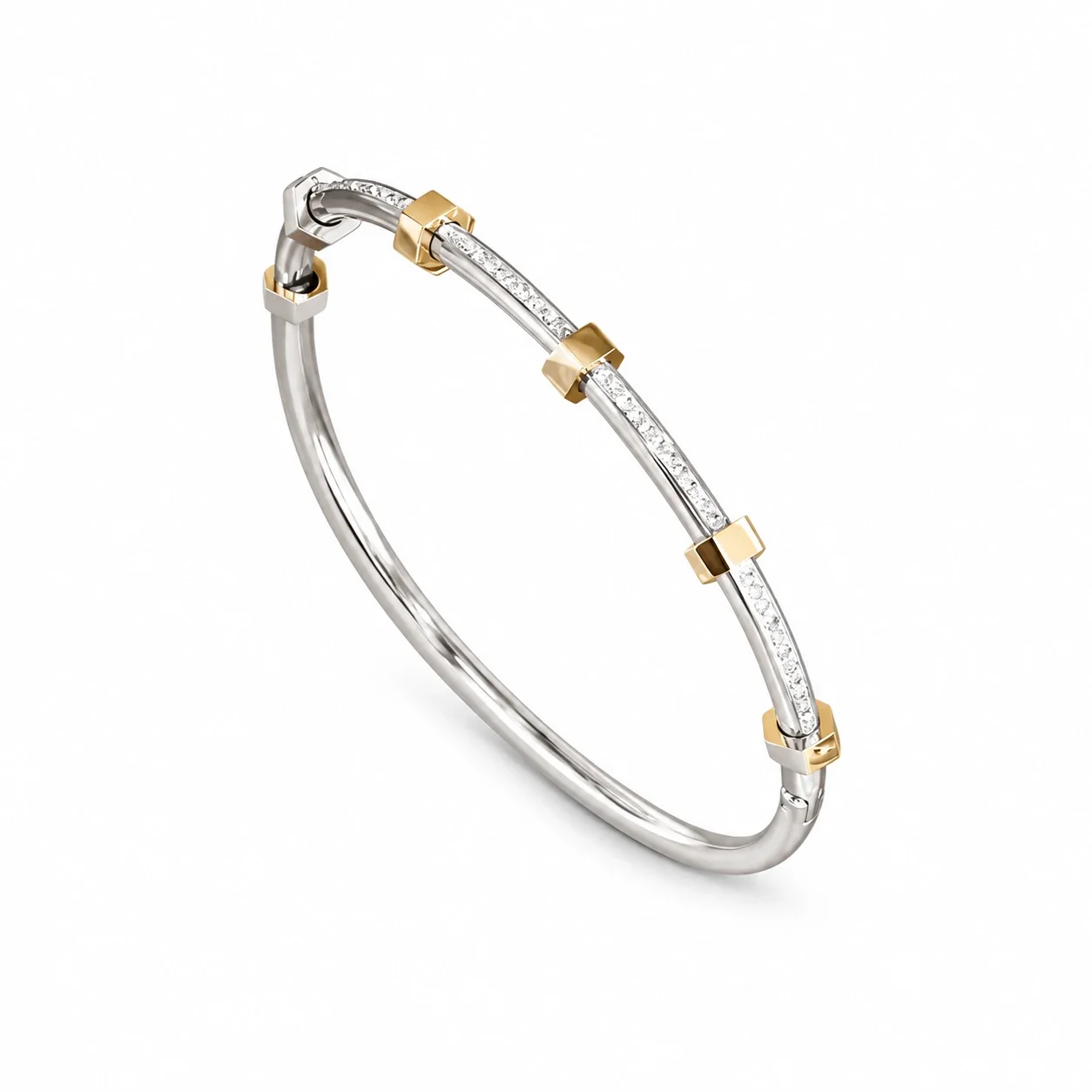 Bangle Bracelet with Hex Nut Stations & Crystal Bar, Stainless Steel - Silver