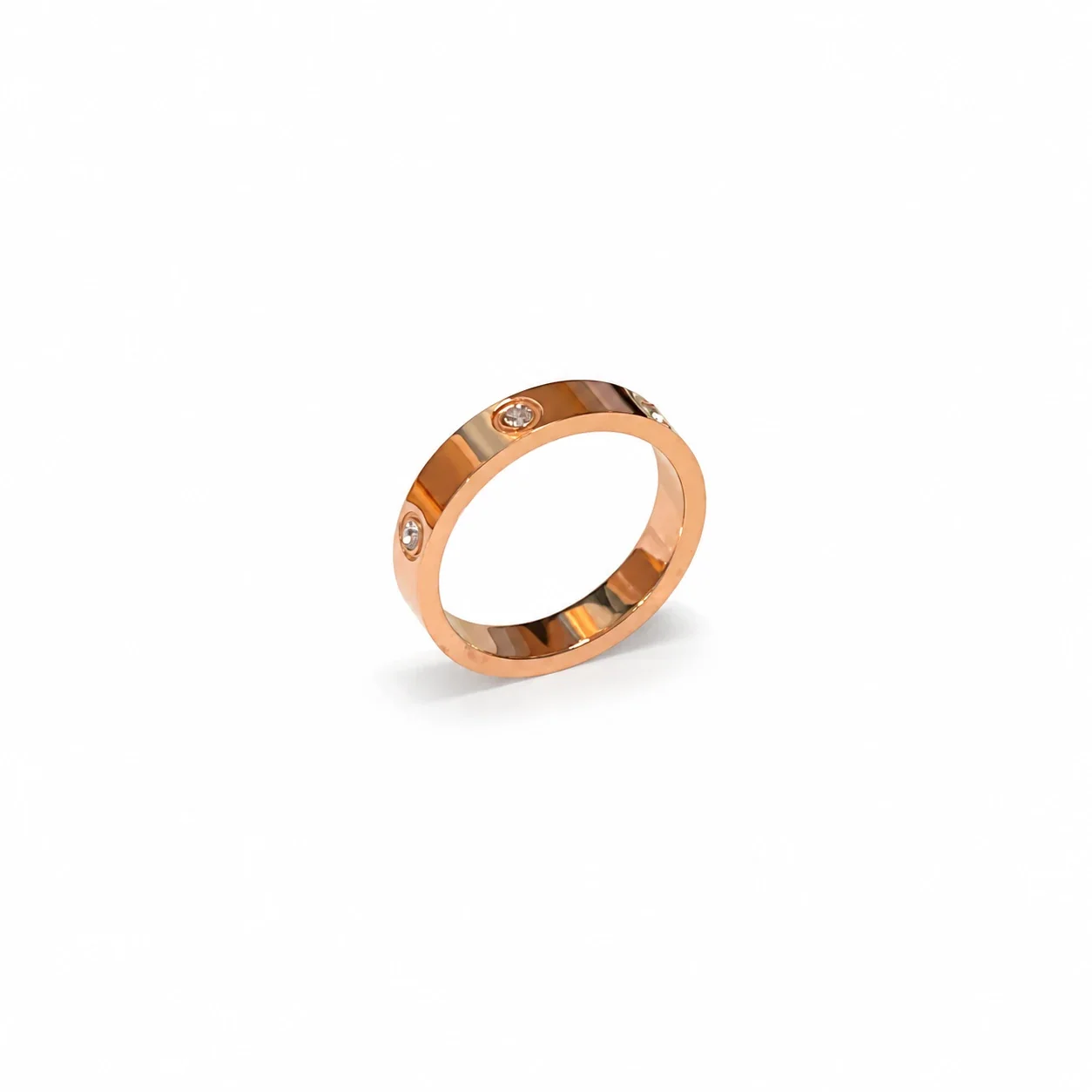 Ring: Six Cubic Zirconia Bezel-Set Flat Band Stainless Steel - Rose Gold