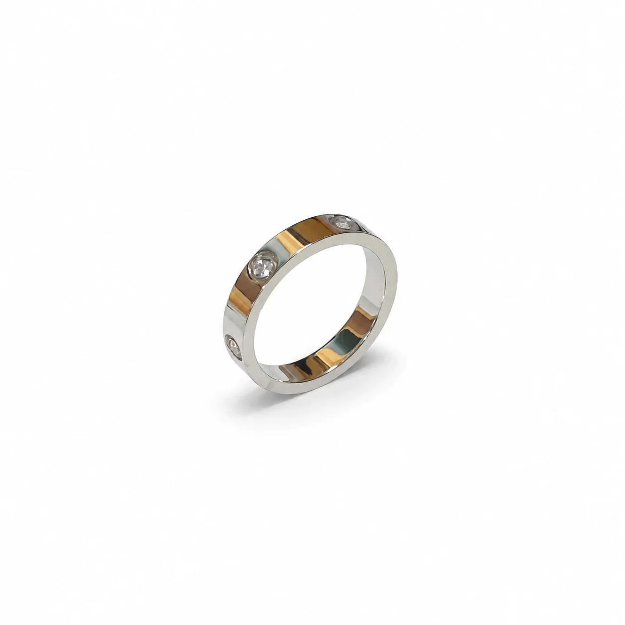Ring: Six Cubic Zirconia Bezel-Set Flat Band Stainless Steel - Silver