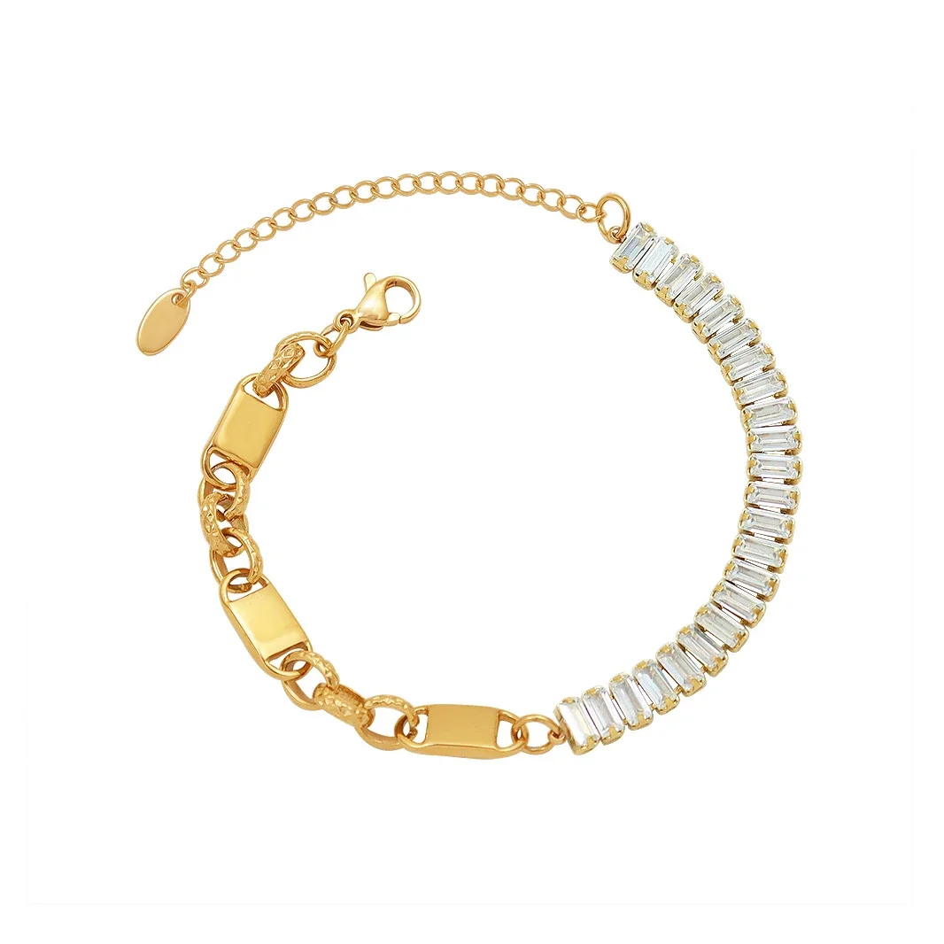 Chain Bracelet with Baguette CZ Curve & Curb Links, Gold-Plated